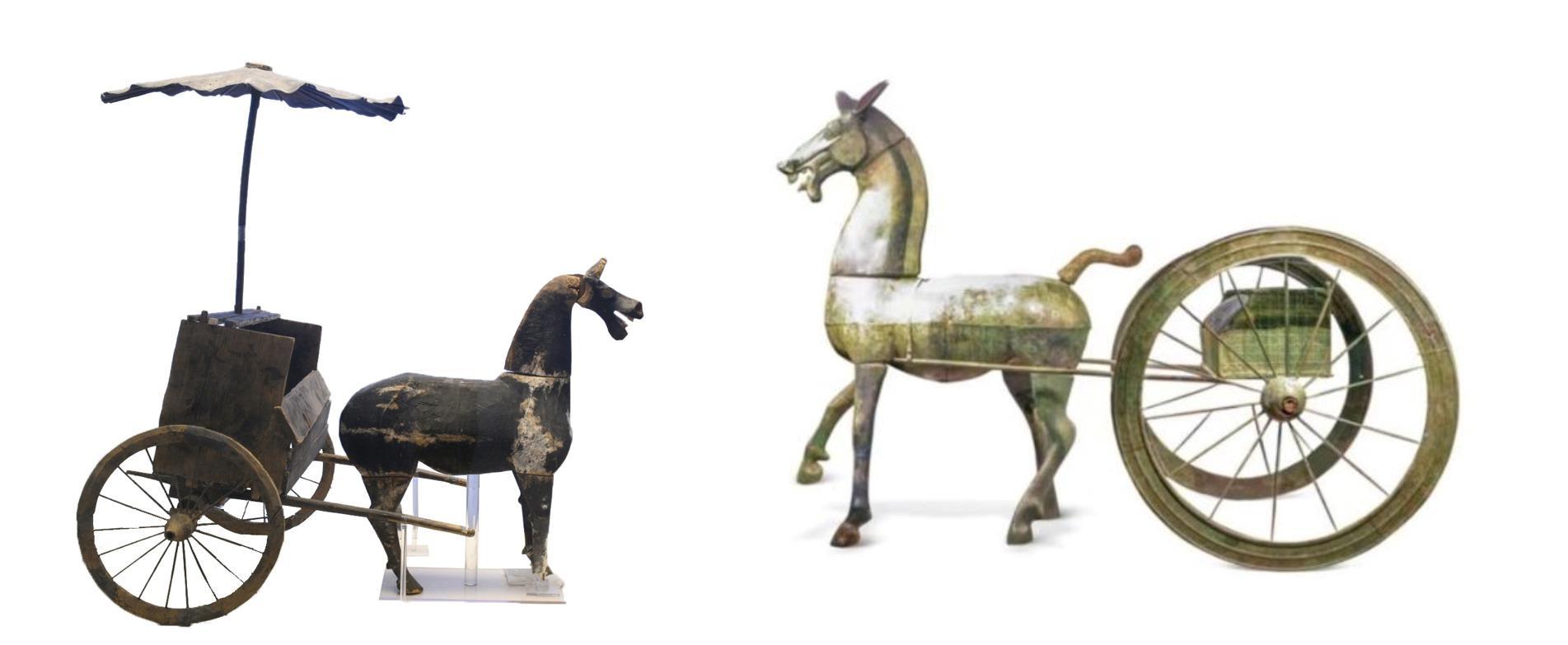 △左為漢代木軺車，藏于青海省博物館；右為東漢銅車馬，藏于黔西南州博物館。